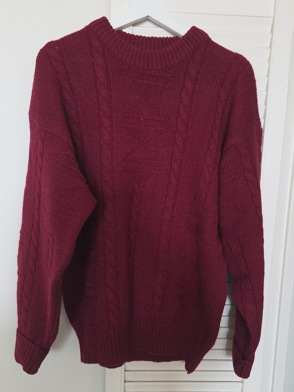 Chunky 100% New Wool Men's Crewneck Cable Sweater in Burgundy Size L